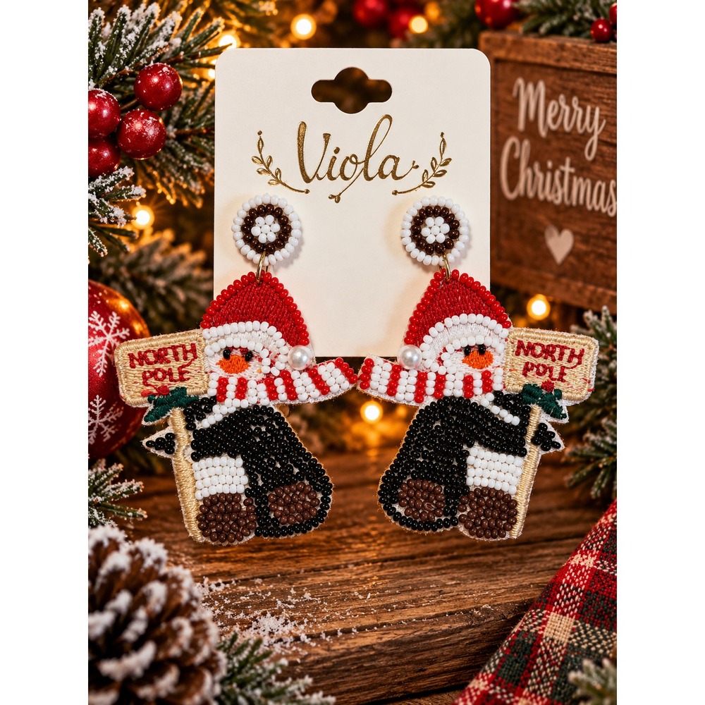 Christmas Penguin Seed Bead Earrings North Pole Santa Hat Holiday Statement